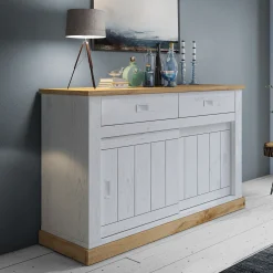 Garnero Arredamenti Madie Moderne|Madie Moderne-Madia 150x100h cm 2 ante scorrevoli 2 cassetti soggiorno bianco frassinato rovere Islen Bianco Opaco - Rovere