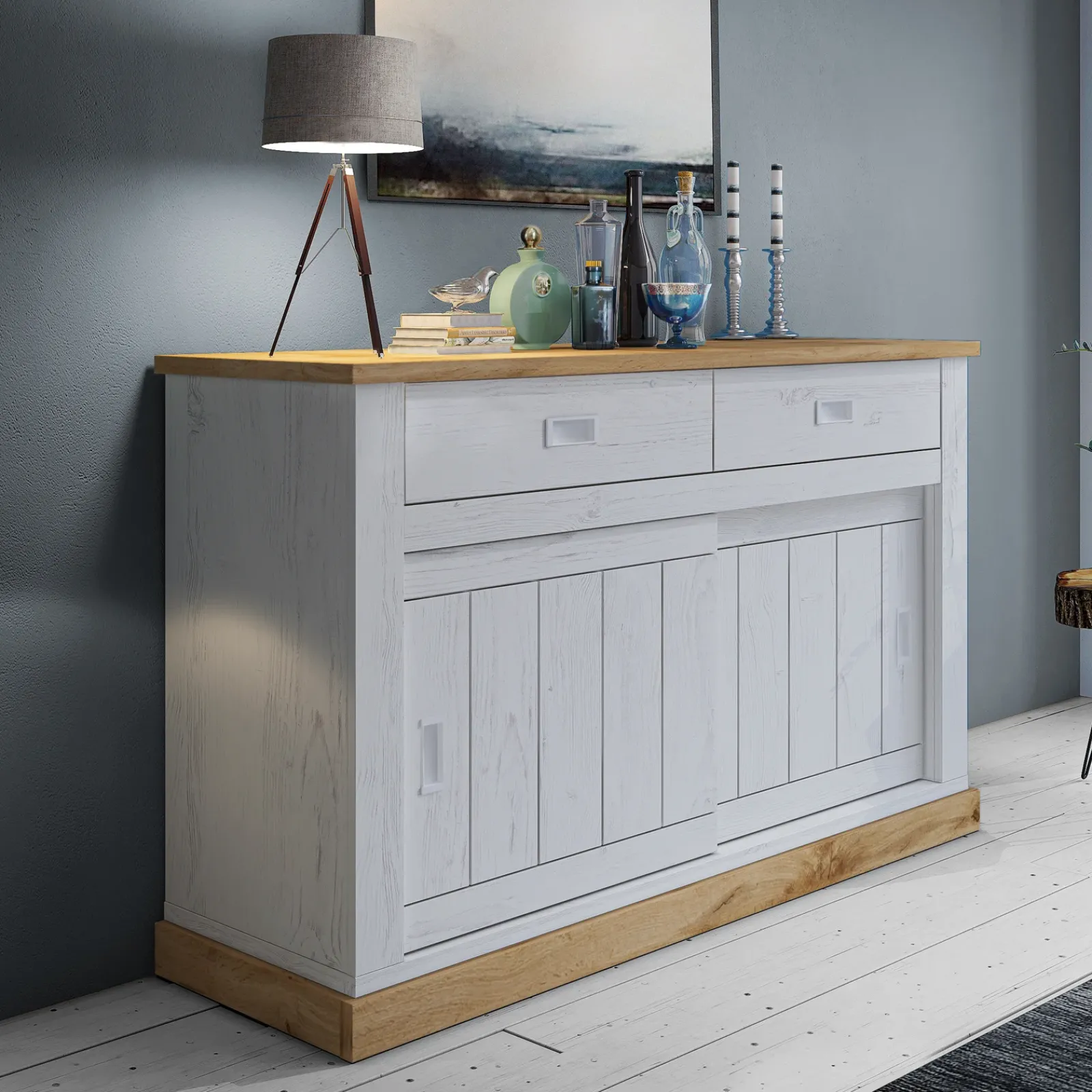 Garnero Arredamenti Madie Moderne|Madie Moderne-Madia 150x100h cm 2 ante scorrevoli 2 cassetti soggiorno bianco frassinato rovere Islen Bianco Opaco - Rovere