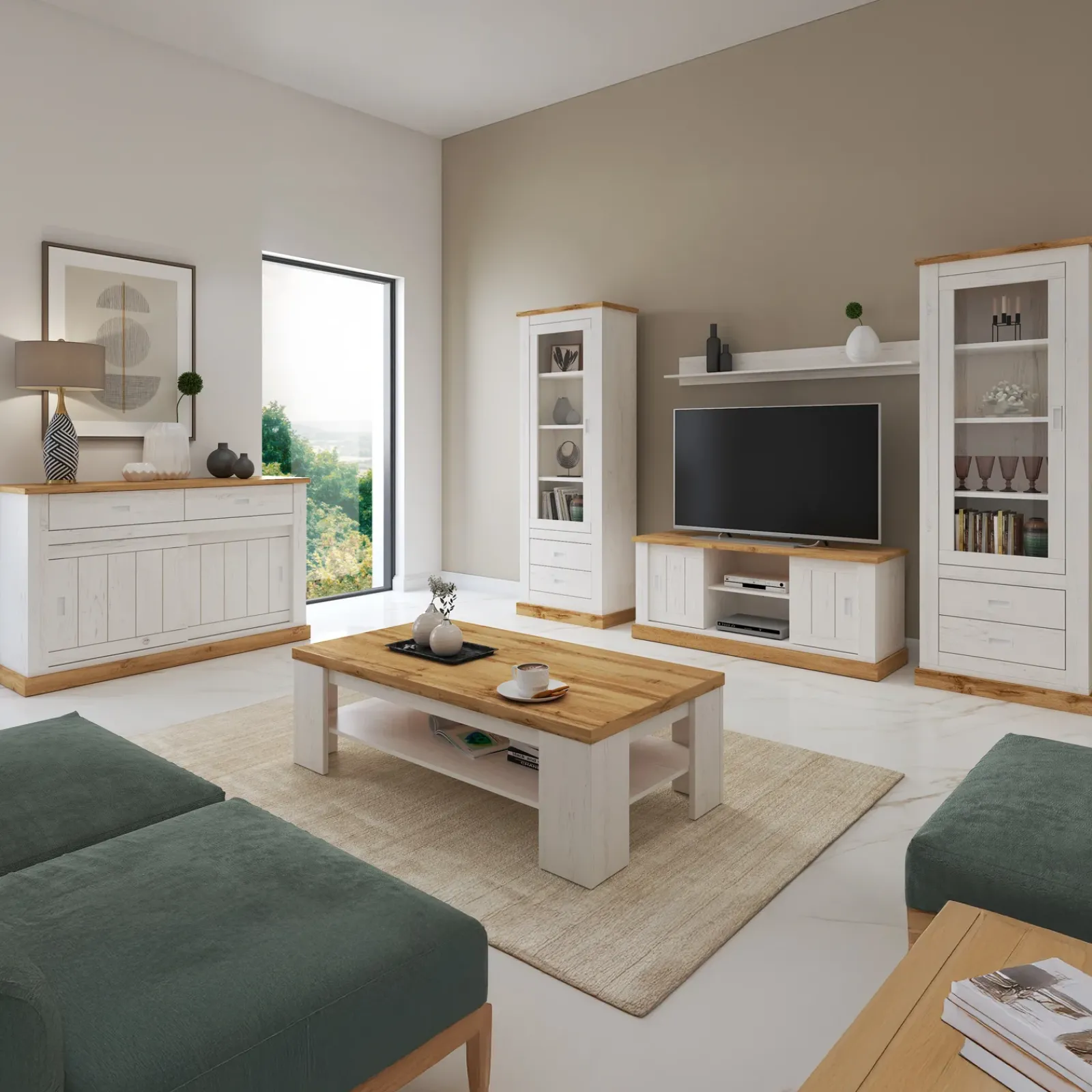 Garnero Arredamenti Madie Moderne|Madie Moderne-Madia 150x100h cm 2 ante scorrevoli 2 cassetti soggiorno bianco frassinato rovere Islen Bianco Opaco - Rovere