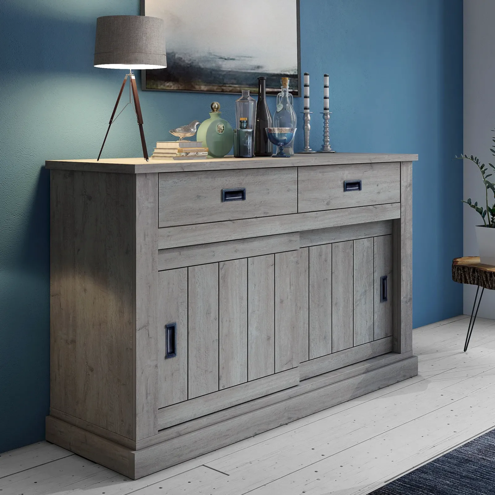 Garnero Arredamenti Credenze Moderne|Madie Moderne-Madia 150x100h cm 2 ante scorrevoli 2 cassetti soggiorno nero Islen Rovere Grigio