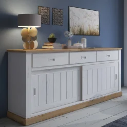 Garnero Arredamenti Credenze Moderne|Madie Moderne-Madia 215x96h cm 2 ante scorrevoli 3 cassetti soggiorno bianco frassinato rovere Islen Bianco Opaco - Rovere