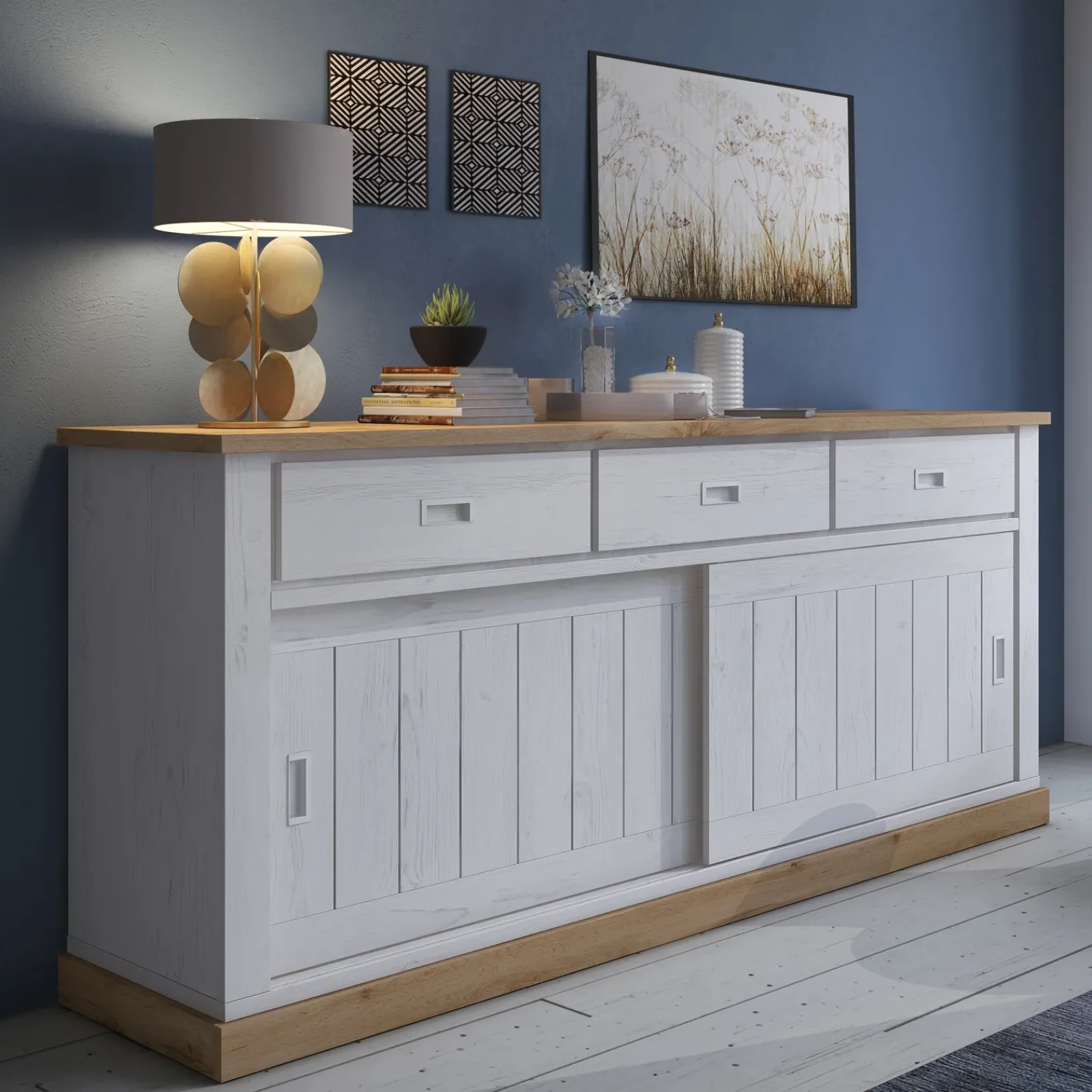 Garnero Arredamenti Credenze Moderne|Madie Moderne-Madia 215x96h cm 2 ante scorrevoli 3 cassetti soggiorno bianco frassinato rovere Islen Bianco Opaco - Rovere