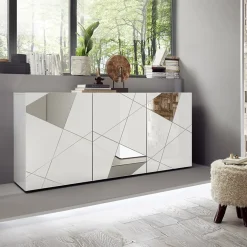 Garnero Arredamenti Credenze Moderne|Madie Moderne-Madia 181x84h cm 3 ante soggiorno specchio con serigrafia Olimpo Bianco Lucido