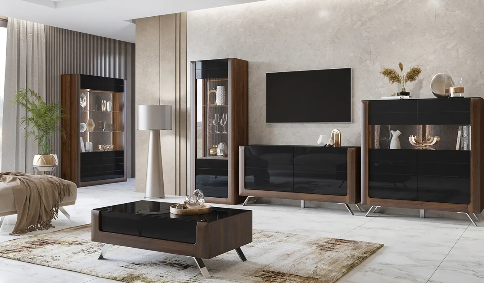 Garnero Arredamenti Madie Moderne|Madie Moderne-Madia 160x81h cm 2 ante soggiorno noce nero lucido Jumbo Nero Lucido - Noce