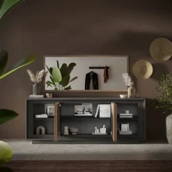 Garnero Arredamenti Credenze Moderne|Madie Moderne-Madia 207x80h cm 4 ante soggiorno antracite rovere scuro Savoy