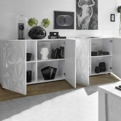 Garnero Arredamenti Credenze Moderne|Madie Moderne-Madia 241x84h cm 4 ante soggiorno con serigrafia Marvis Bianco Lucido