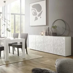 Garnero Arredamenti Credenze Moderne|Madie Moderne-Madia 241x84h cm 4 ante soggiorno con serigrafia Marvis Bianco Lucido