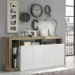 Garnero Arredamenti Credenze Moderne|Madie Moderne-Madia 184x93h cm 4 ante soggiorno bianco lucido pero Invictus Bianco Lucido - Rovere Rustico