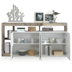 Garnero Arredamenti Credenze Moderne|Madie Moderne-Madia 184x93h cm 4 ante soggiorno bianco lucido pero Invictus Bianco Lucido - Rovere Rustico