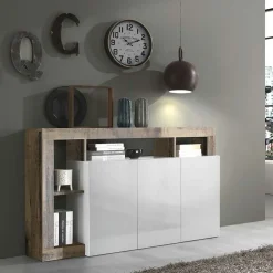 Garnero Arredamenti Credenze Moderne|Madie Moderne-Madia 146x93h cm 3 ante vani a giorno moderna bianco pero Invictus Bianco Lucido - Rovere Rustico