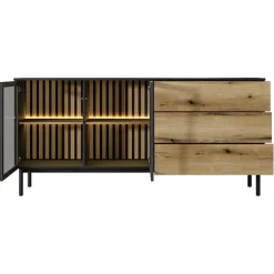 Garnero Arredamenti Madie Moderne|Madie Moderne-Madia 180x85h cm 2 ante vetrate 3 cassetti con led nero opaco rovere Amel