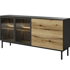 Garnero Arredamenti Madie Moderne|Madie Moderne-Madia 180x85h cm 2 ante vetrate 3 cassetti con led nero opaco rovere Amel