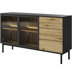 Garnero Arredamenti Madie Moderne|Madie Moderne-Madia 150x85h cm 2 ante vetrate 3 cassetti con led nero rovere Amel