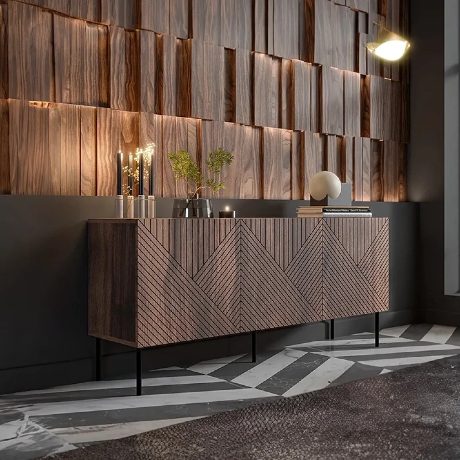 Garnero Arredamenti Credenze Moderne|Madie Moderne-Madia 150x70h cm 3 antenoce scuro con frontali serigrafati Savanna