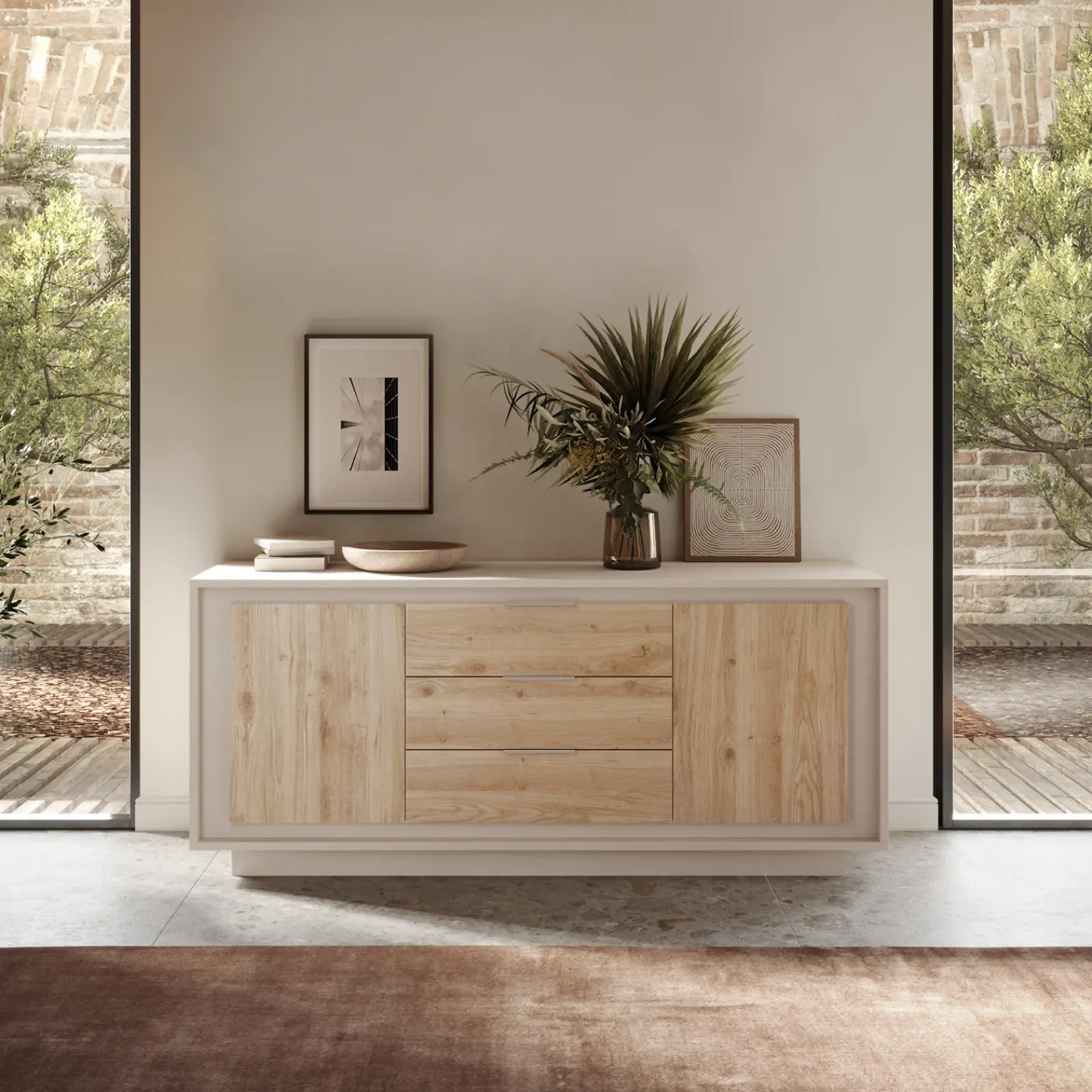 Garnero Arredamenti Credenze Moderne|Madie Moderne-Madia 180x80h cm 3 cassetti 2 ante moderna beige rovere chiaro Deluxe Rovere - Beige