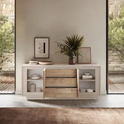 Garnero Arredamenti Credenze Moderne|Madie Moderne-Madia 180x80h cm 3 cassetti 2 ante moderna beige rovere chiaro Deluxe Rovere - Beige