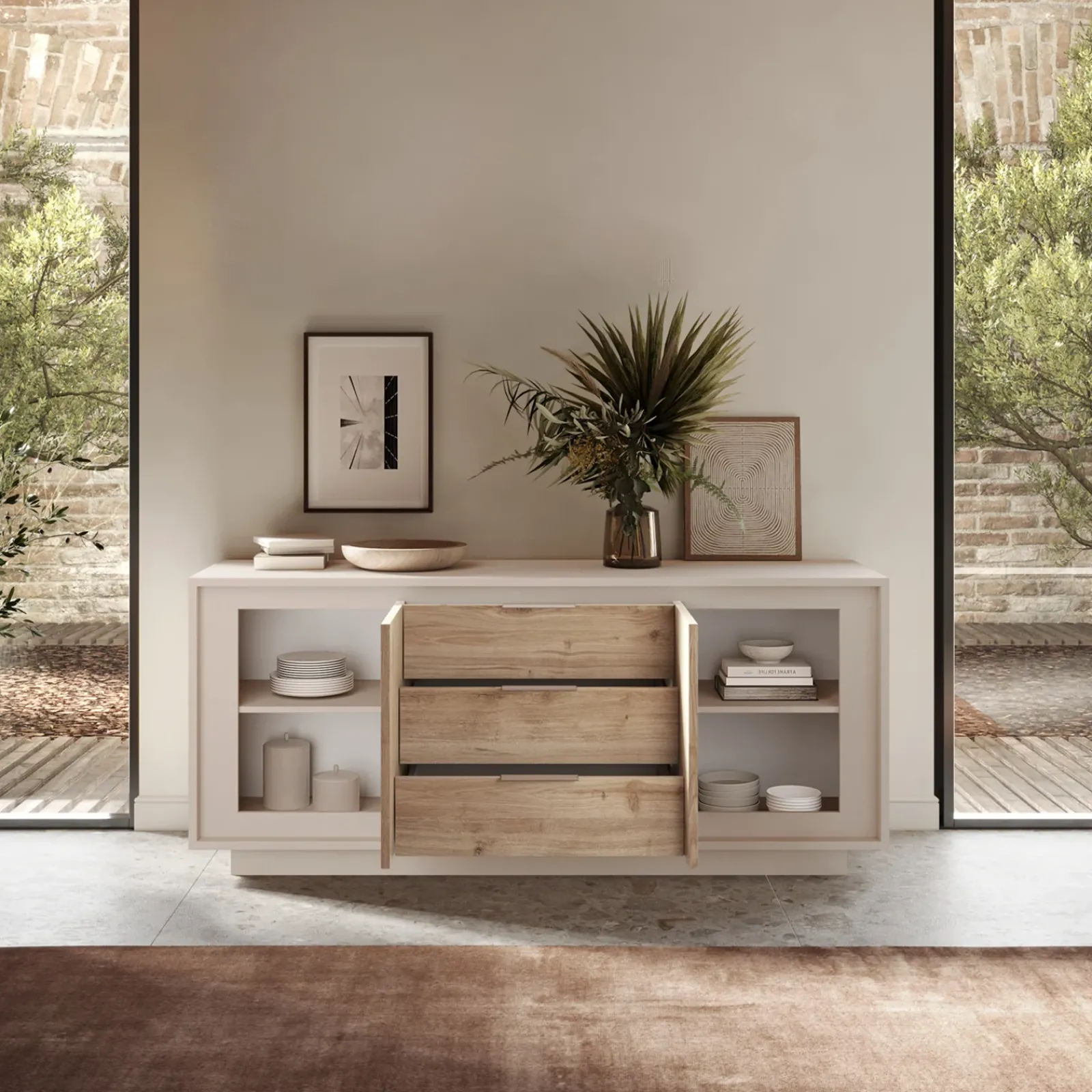 Garnero Arredamenti Credenze Moderne|Madie Moderne-Madia 180x80h cm 3 cassetti 2 ante moderna beige rovere chiaro Deluxe Rovere - Beige