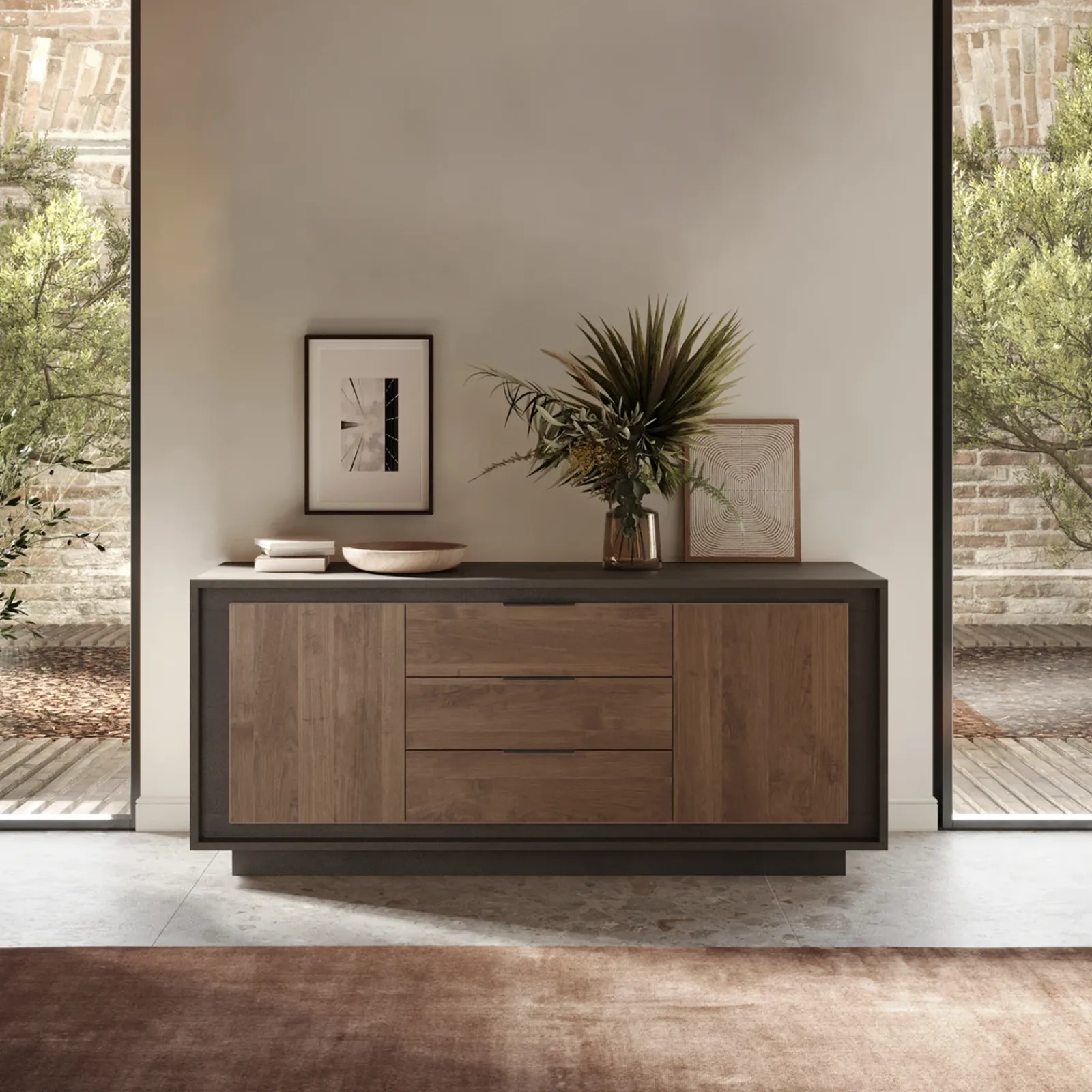 Garnero Arredamenti Credenze Moderne|Madie Moderne-Madia 180x80h cm 3 cassetti 2 ante moderna antracite rovere scuro Deluxe Antracite - Rovere Rustico