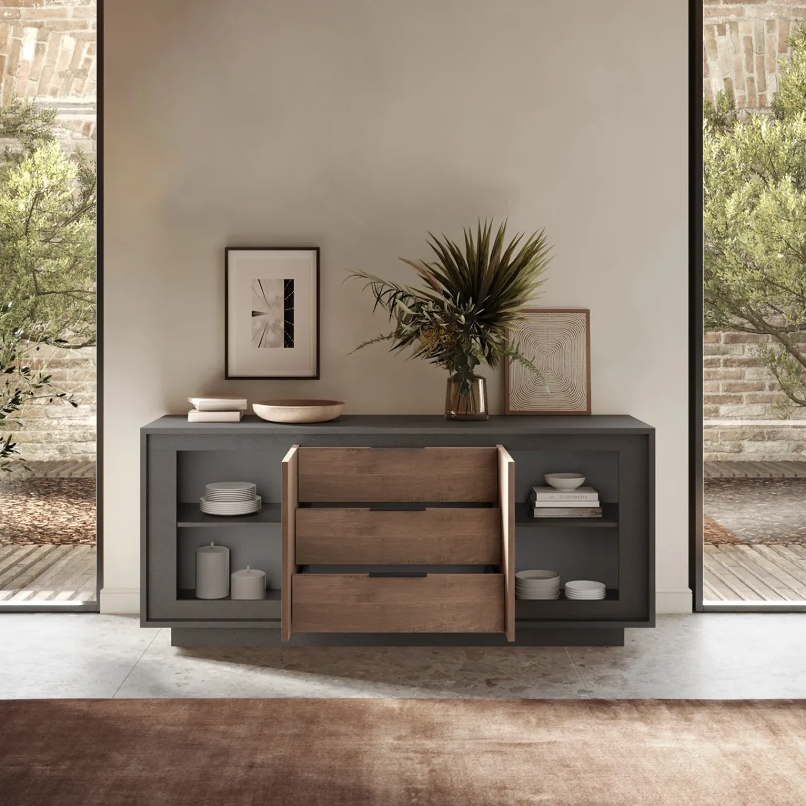 Garnero Arredamenti Credenze Moderne|Madie Moderne-Madia 180x80h cm 3 cassetti 2 ante moderna antracite rovere scuro Deluxe Antracite - Rovere Rustico