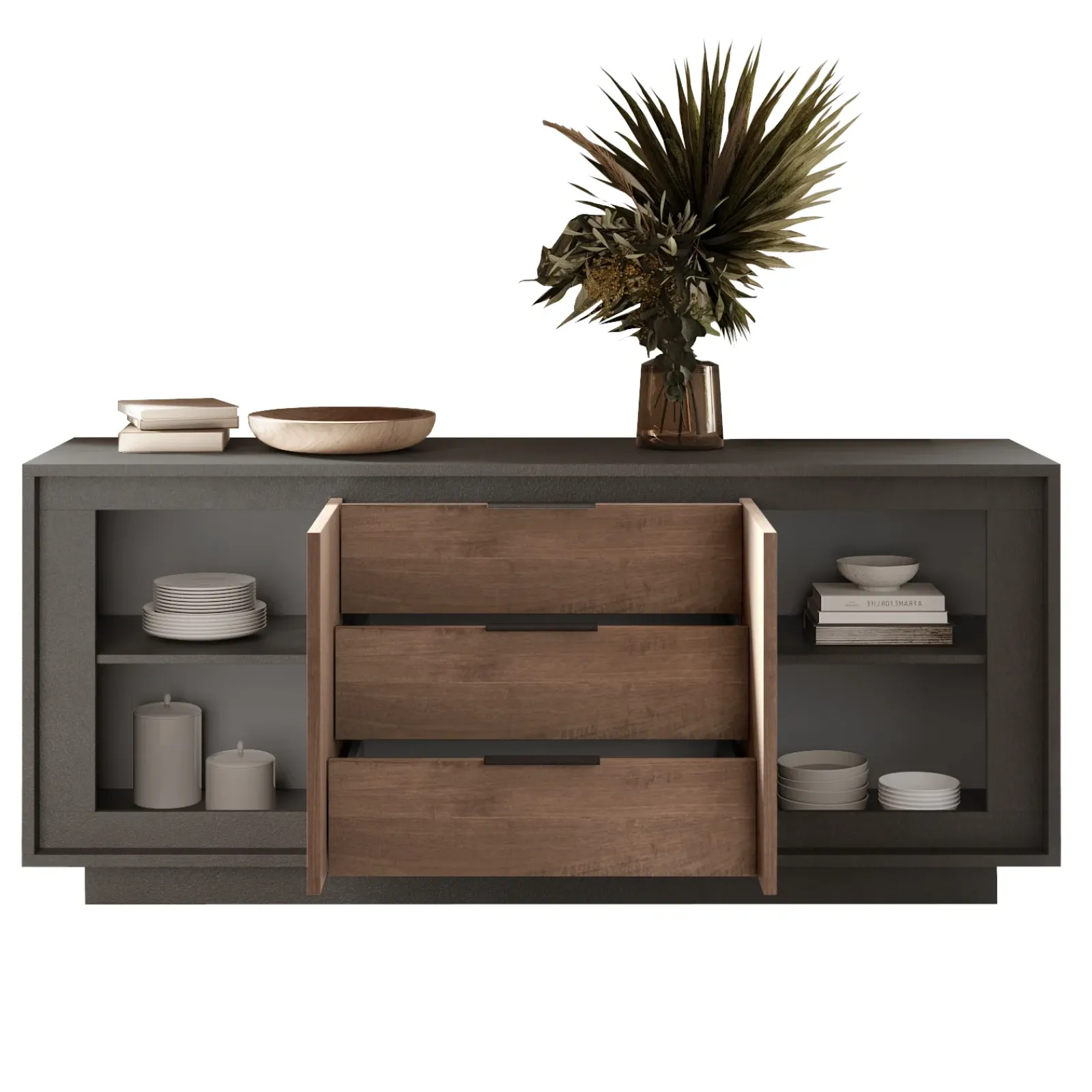 Garnero Arredamenti Credenze Moderne|Madie Moderne-Madia 180x80h cm 3 cassetti 2 ante moderna antracite rovere scuro Deluxe Antracite - Rovere Rustico