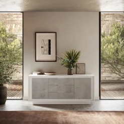 Garnero Arredamenti Credenze Moderne|Madie Moderne-Madia 180x80h cm 3 cassetti 2 ante moderna bianco opaco grigio cemento Deluxe Cemento - Bianco opaco