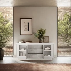 Garnero Arredamenti Credenze Moderne|Madie Moderne-Madia 180x80h cm 3 cassetti 2 ante moderna bianco opaco grigio cemento Deluxe Cemento - Bianco opaco