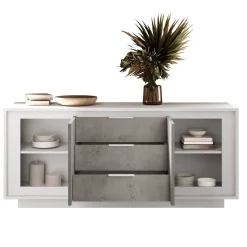 Garnero Arredamenti Credenze Moderne|Madie Moderne-Madia 180x80h cm 3 cassetti 2 ante moderna bianco opaco grigio cemento Deluxe Cemento - Bianco opaco