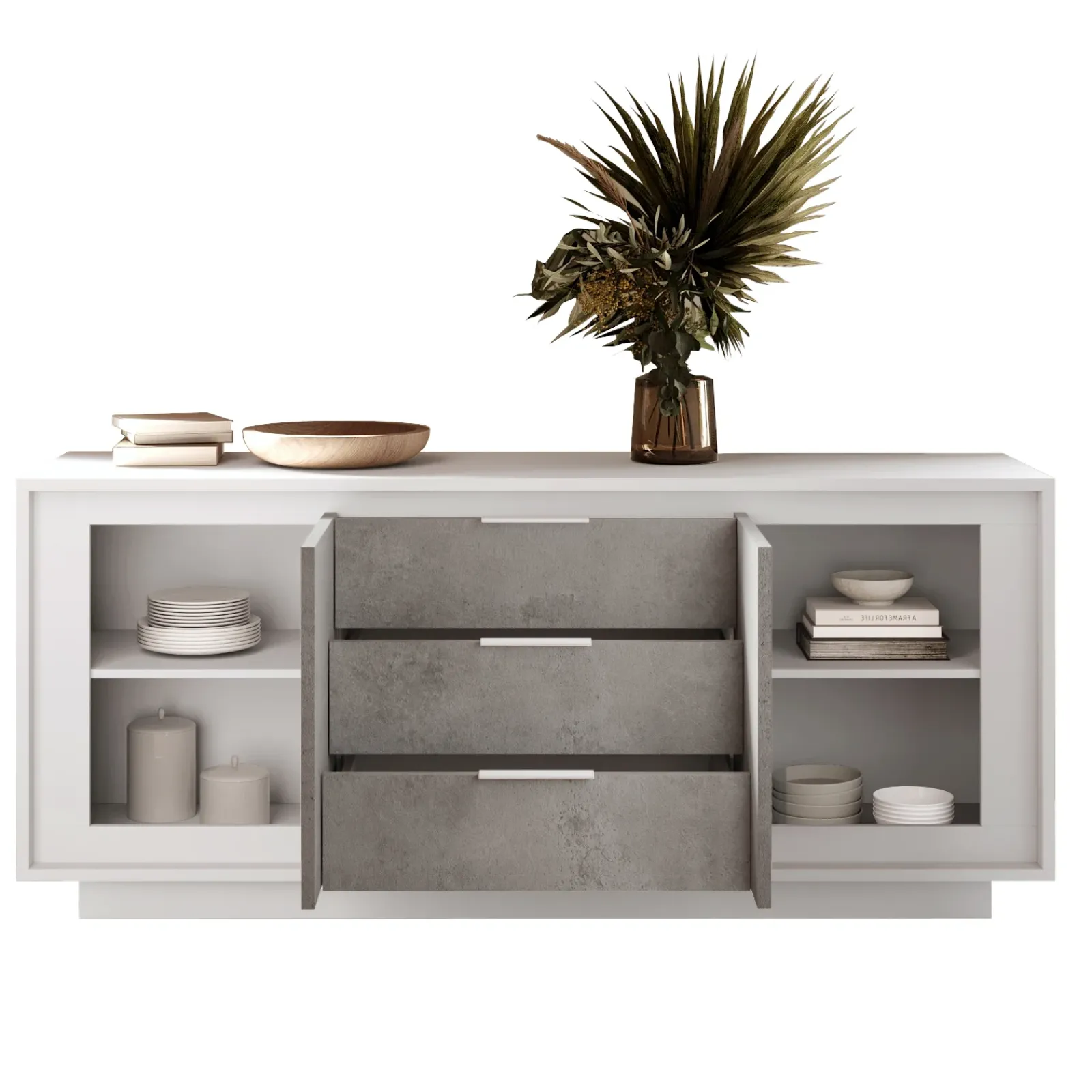 Garnero Arredamenti Credenze Moderne|Madie Moderne-Madia 180x80h cm 3 cassetti 2 ante moderna bianco opaco grigio cemento Deluxe Cemento - Bianco opaco