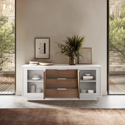 Garnero Arredamenti Credenze Moderne|Madie Moderne-Madia 180x80h cm 3 cassetti 2 ante moderna bianco opaco rovere scuro Deluxe Rovere Rustico - Bianco opaco