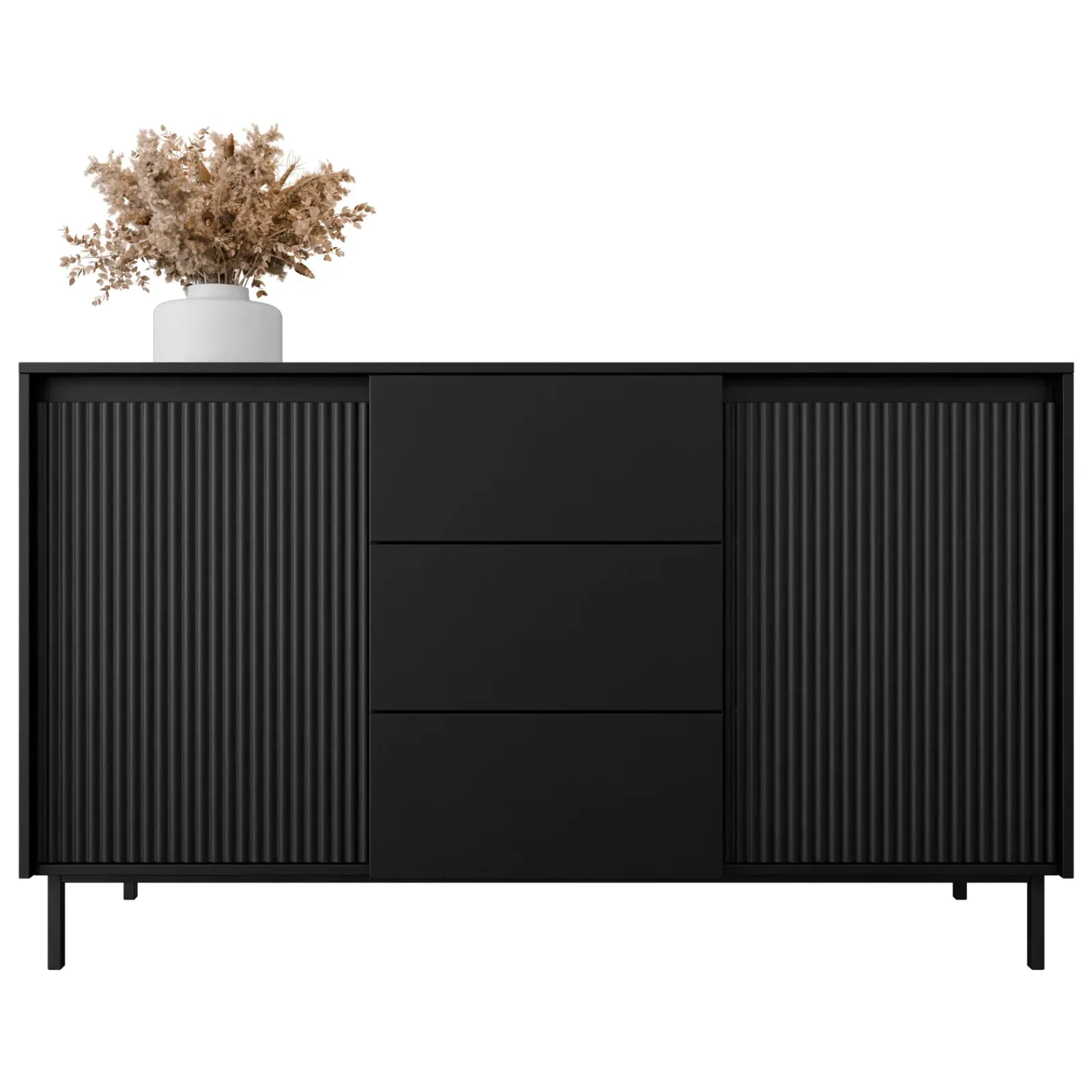 Garnero Arredamenti Credenze Moderne|Madie Moderne-Madia 153x90h cm 3 cassetti design cannettato nero Strike Nero Opaco