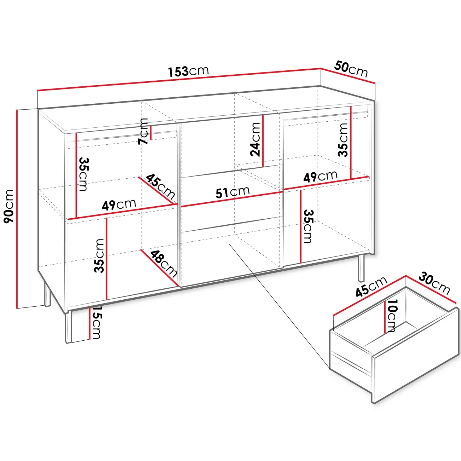 Garnero Arredamenti Credenze Moderne|Madie Moderne-Madia 153x90h cm 3 cassetti design cannettato nero Strike Nero Opaco