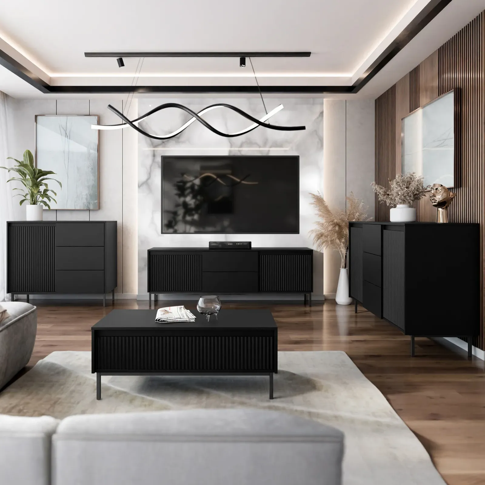 Garnero Arredamenti Credenze Moderne|Madie Moderne-Madia 153x90h cm 3 cassetti design cannettato nero Strike Nero Opaco