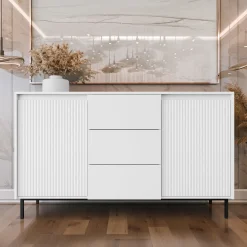 Garnero Arredamenti Credenze Moderne|Madie Moderne-Madia 153x90h cm 3 cassetti design cannettato bianco Strike Bianco Opaco