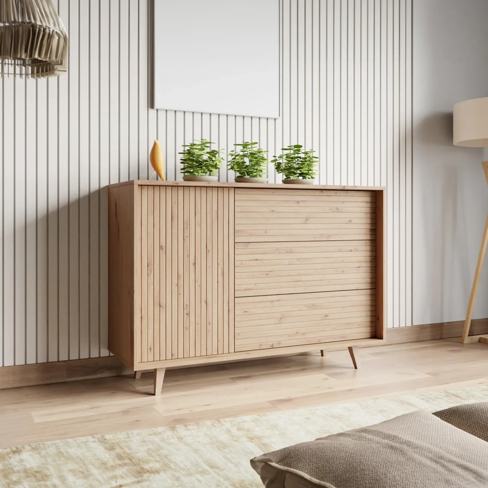 Garnero Arredamenti Credenze Moderne|Madie Moderne-Madia 120x84h cm 3 cassetti rustica design cannettato rovere Branch