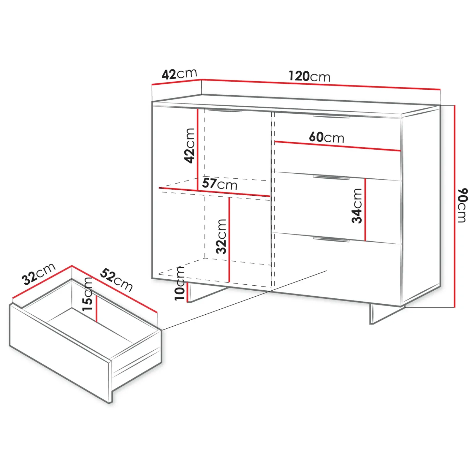 Garnero Arredamenti Credenze Moderne|Madie Moderne-Madia 120x90h cm 3 cassetti soggiorno grigio Stone