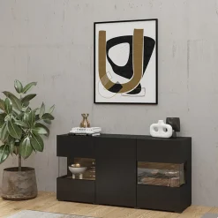 Garnero Arredamenti Credenze Moderne|Madie Moderne-Madia 120x62h cm con vetrinetta moderna nero rovere Fusion Nero Opaco