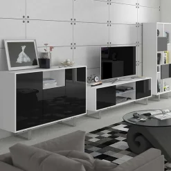 Garnero Arredamenti Credenze Moderne|Madie Moderne-Madia 120x90h cm moderna bianco opaco nero lucido Kelli Gihome® Nero Lucido - Bianco opaco