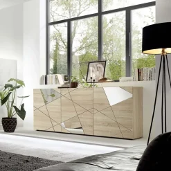 Garnero Arredamenti Credenze Moderne|Madie Moderne-Madia 181x84h cm moderna samoa specchio con serigrafia 3 ante Olimpo Rovere