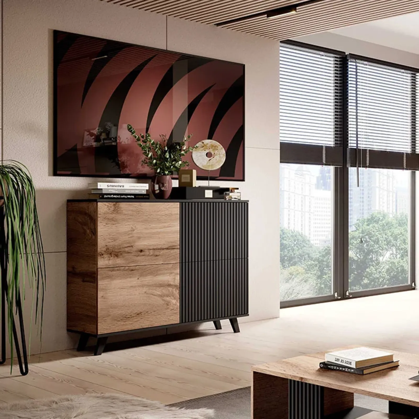 Garnero Arredamenti Madie Moderne|Madie Moderne-Madia 100x95h cm moderna soggiorno design industrial rovere nero Nandina