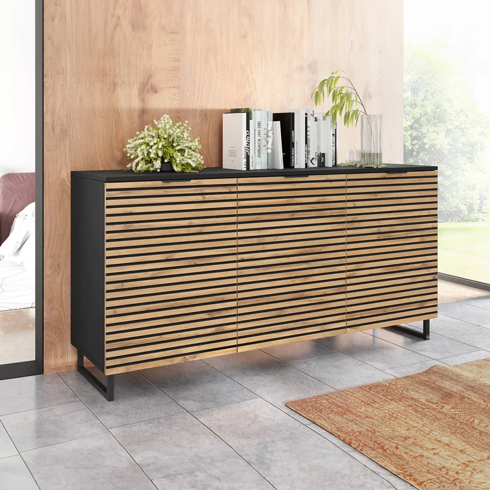 Garnero Arredamenti Credenze Moderne|Madie Moderne-Madia 150x76h cm rustica design cannettato rovere nero List