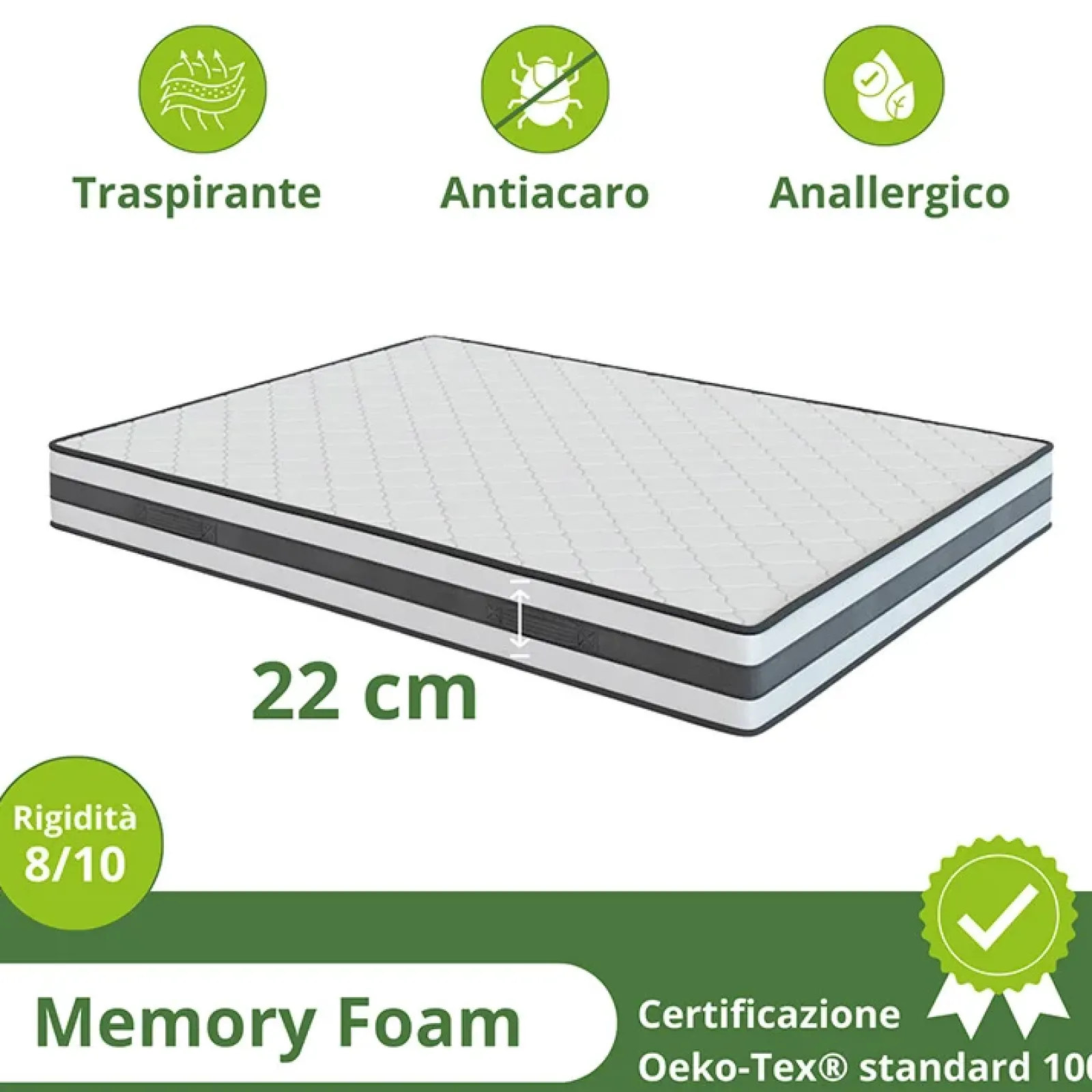 Garnero Arredamenti Materassi In Schiuma|Materassi In Schiuma-Materasso matrimoniale 180x200cm memory antiacaro H. 22cm Memory Deluxe