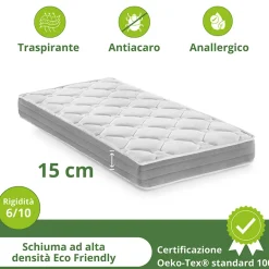 Garnero Arredamenti Materassi In Schiuma|Materassi In Schiuma-Materasso singolo 90x200cm anallergico antiacaro H. 15cm Smart Sleep
