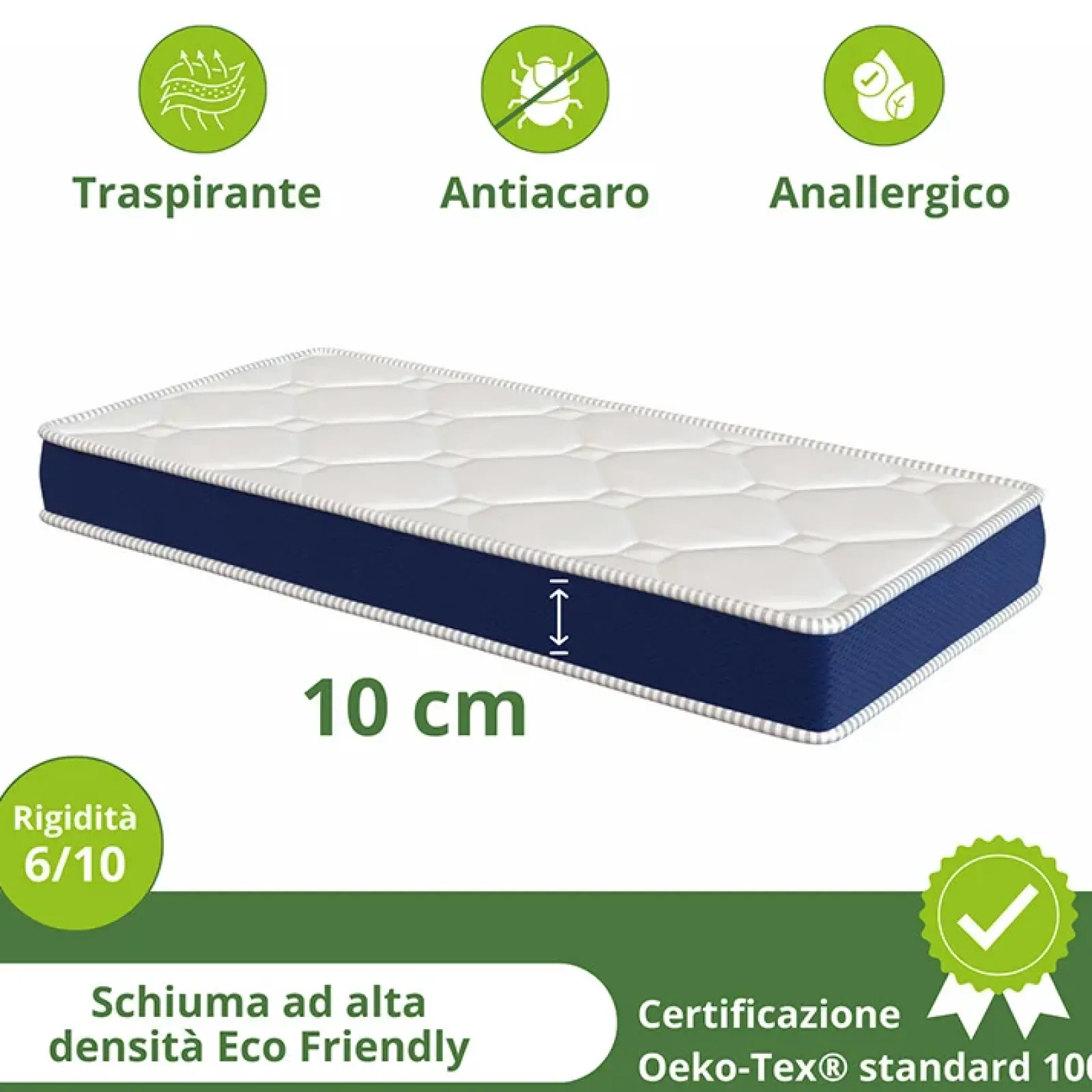 Garnero Arredamenti Materassi In Schiuma|Materassi In Schiuma-Materasso singolo 90x190cm schiumato antiacaro H.10cm Top Dream