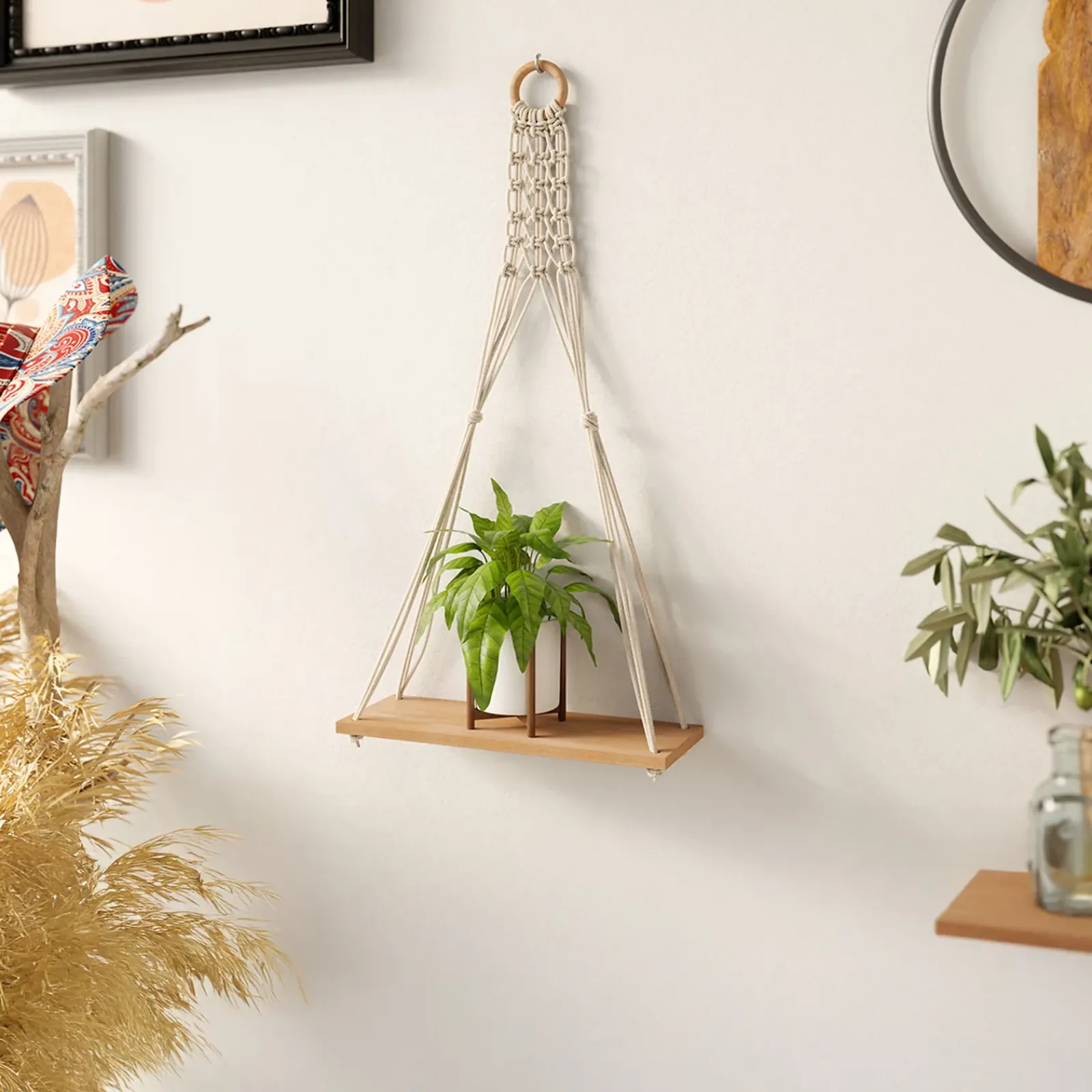 Garnero Arredamenti Mensole E Pensili-Mensola sospesa 30x57h cm da parete con corda rovere Liana