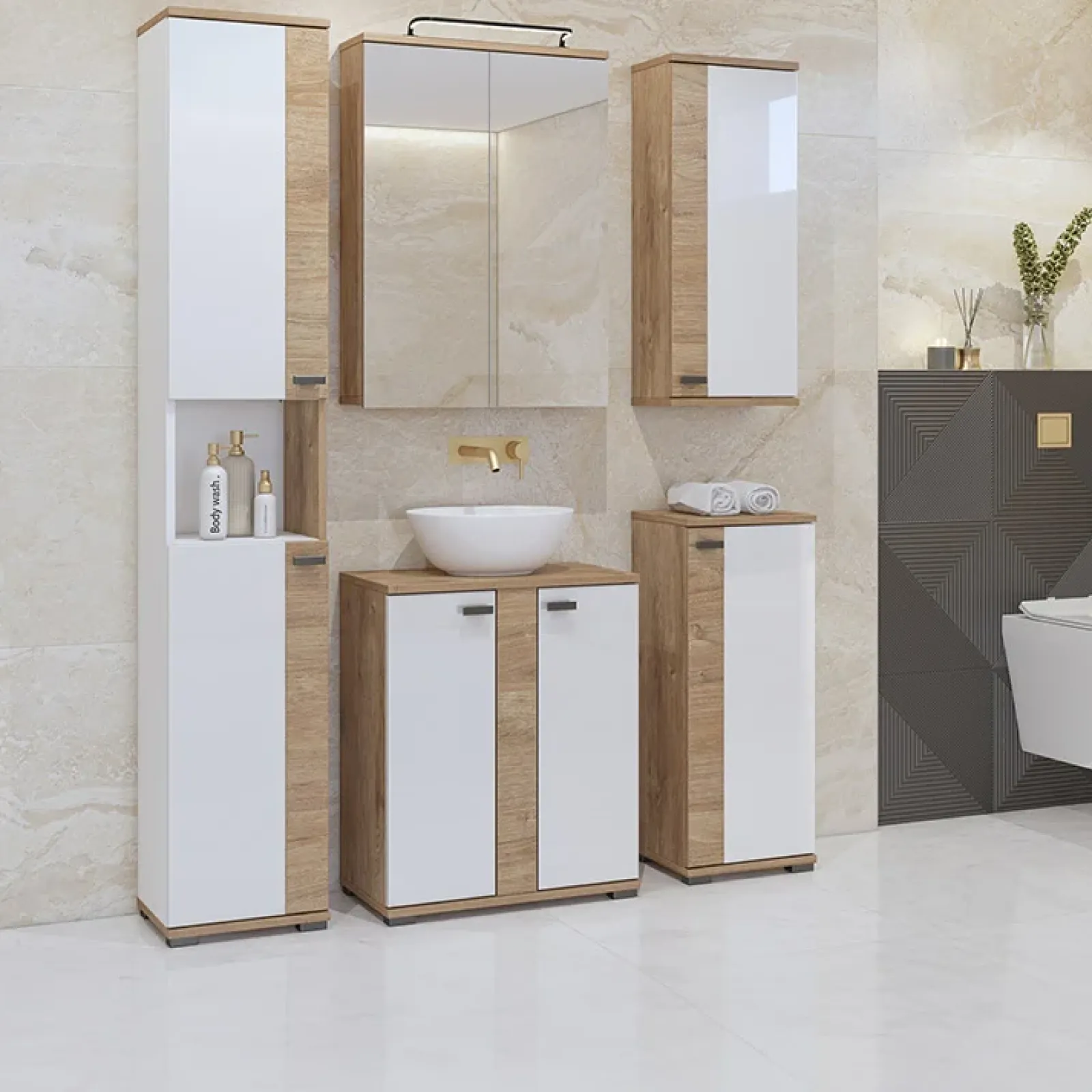 Garnero Arredamenti Mobili Bagno A Terra-Mobile bagno a terra 61cm con specchio e colonne bianco lucido rovere Crystal