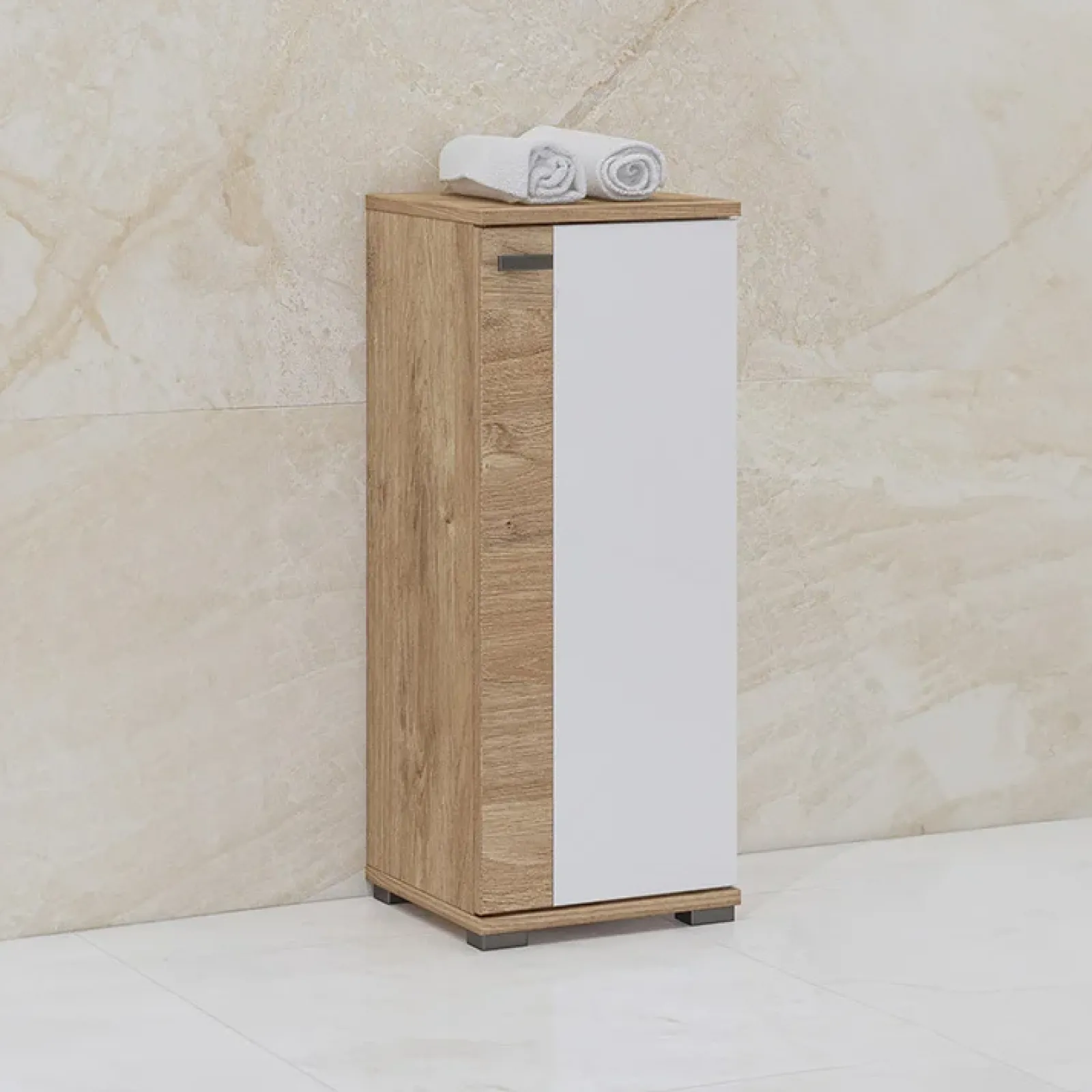 Garnero Arredamenti Mobili Bagno A Terra-Mobile bagno a terra 61cm con specchio e colonne bianco lucido rovere Crystal