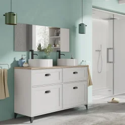 Garnero Arredamenti Mobili Bagno A Terra-Mobile bagno a terra 120cm con doppio lavabo e colonna shabby bianco rovere Ilias