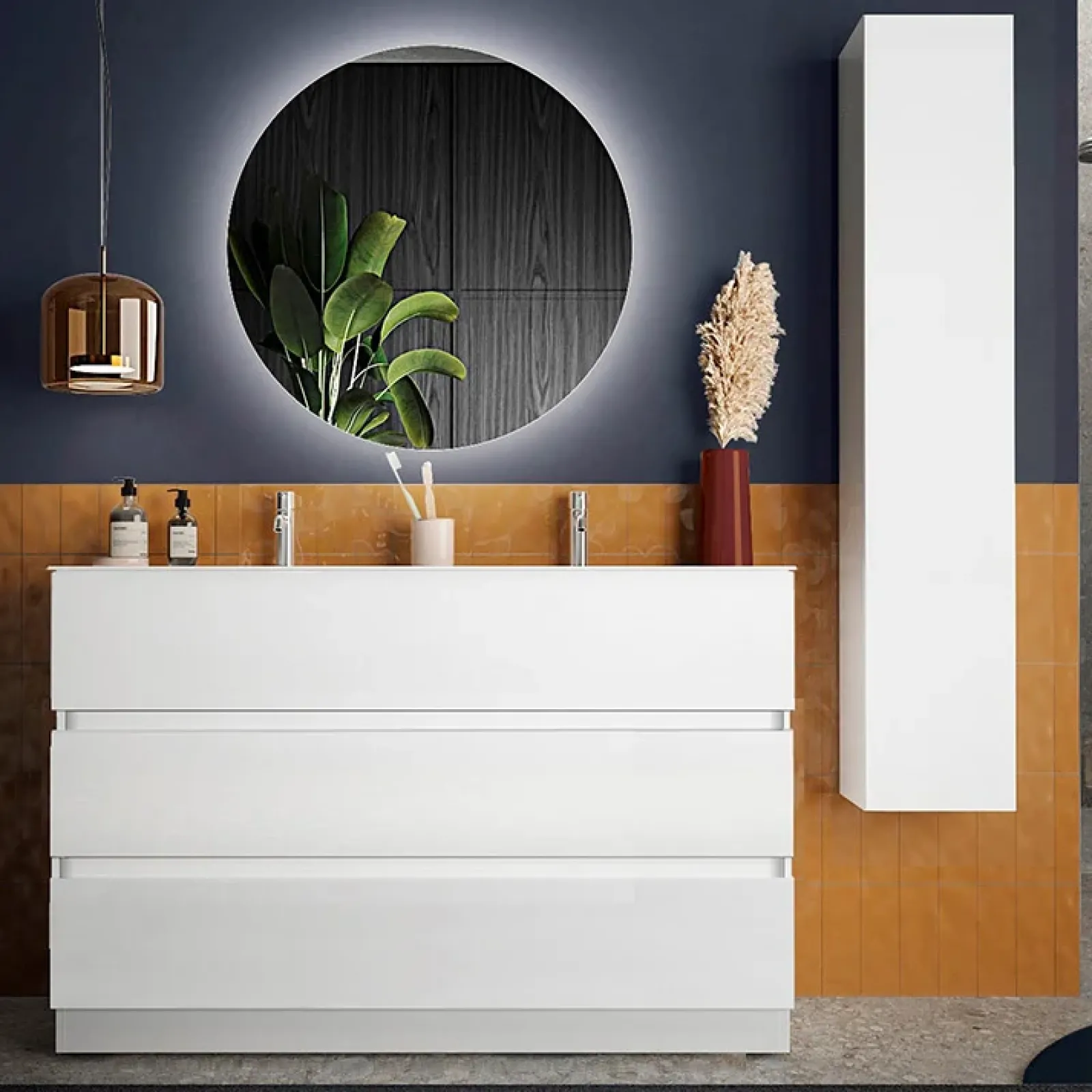 Garnero Arredamenti Mobili Bagno A Terra-Mobile bagno a terra 120cm con doppio lavabo 3 cassetti bianco lucido Moon