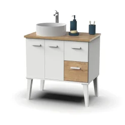 Garnero Arredamenti Mobili Bagno A Terra-Mobile bagno a terra 82cm con lavabo 2 cassetti 2 ante bianco rovere Inok