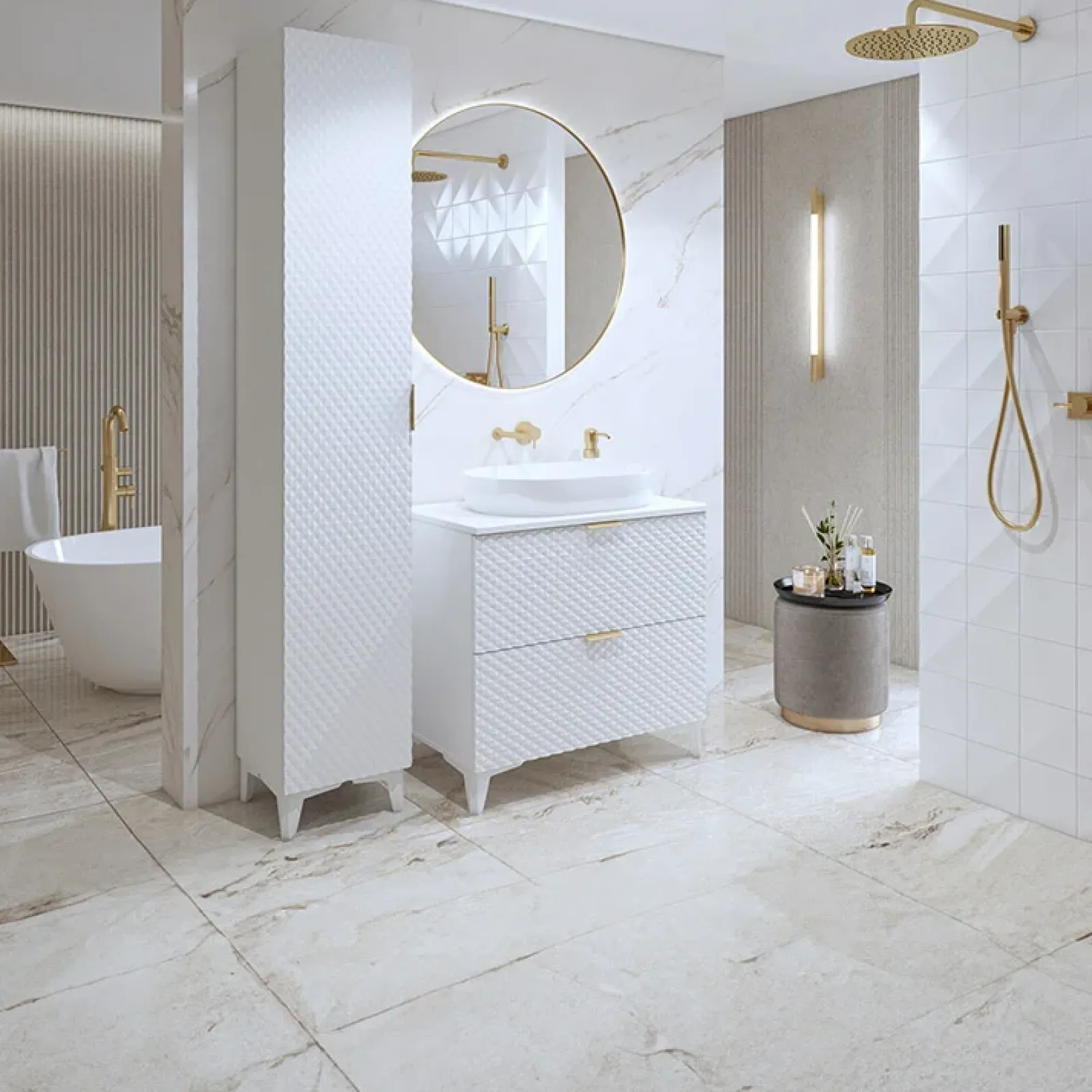 Garnero Arredamenti Mobili Bagno A Terra-Mobile bagno a terra 81cm con colonna bianco frontali decorati Konny Bianco Lucido - Bianco opaco